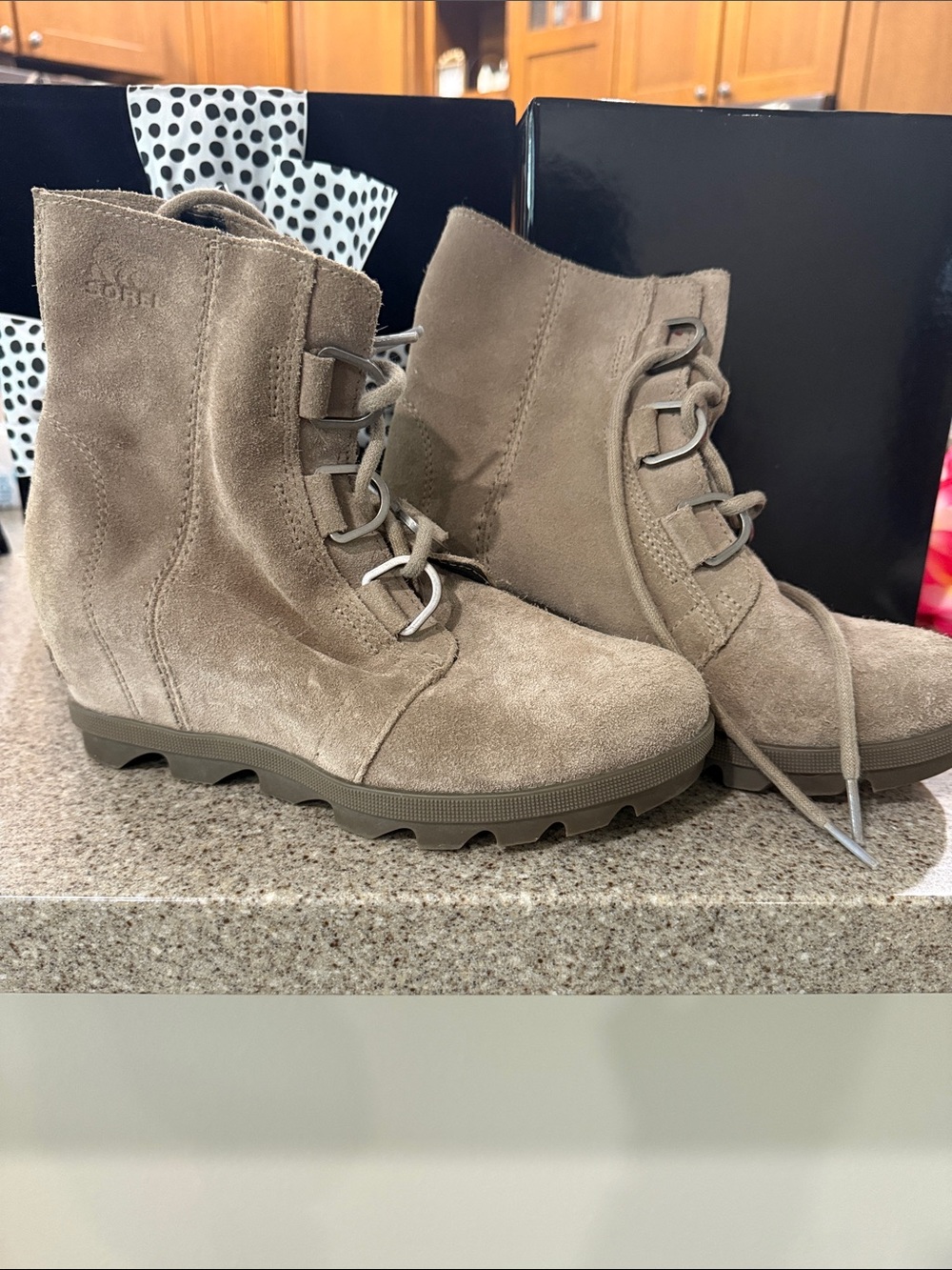 Sorel Taupe Suede Lace-Up Wedge Ankle Boots